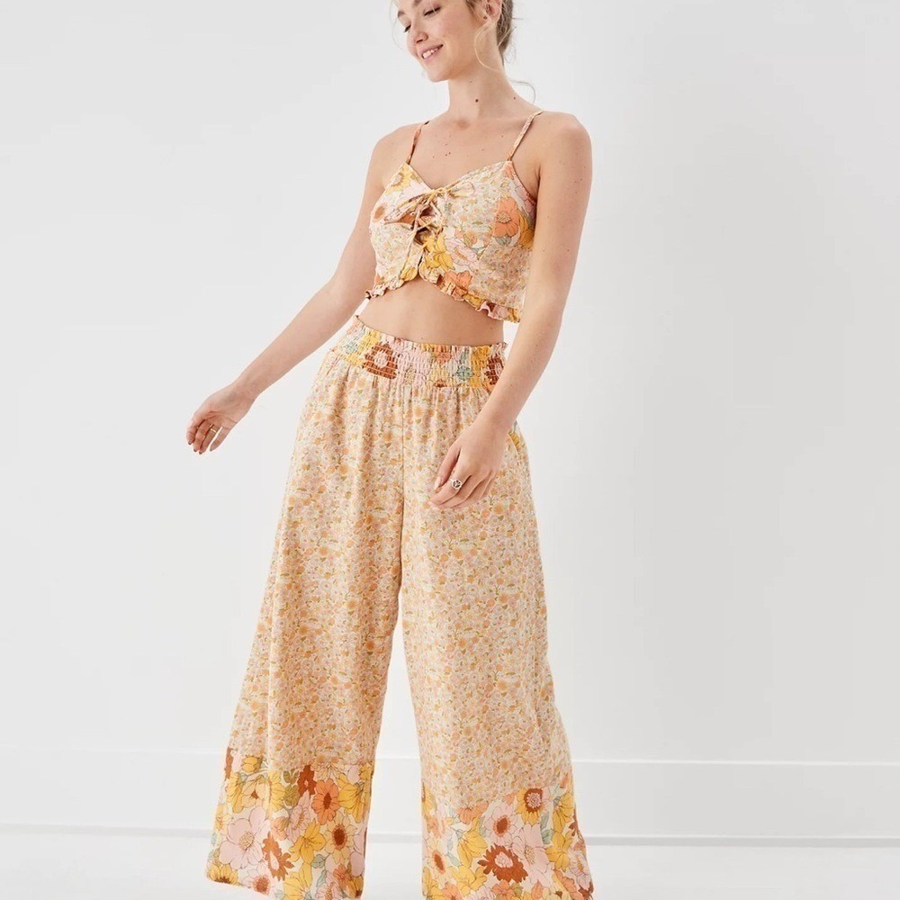 American Eagle Yellow Cotton Linen Floral 2 Piece Set Crop Top Wide Leg Pants XS - Picture 2 of 13